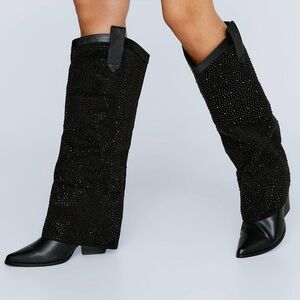 NEW Black Pointed Toe Rhinestone Knee Fold Over Western Boots Womens 6